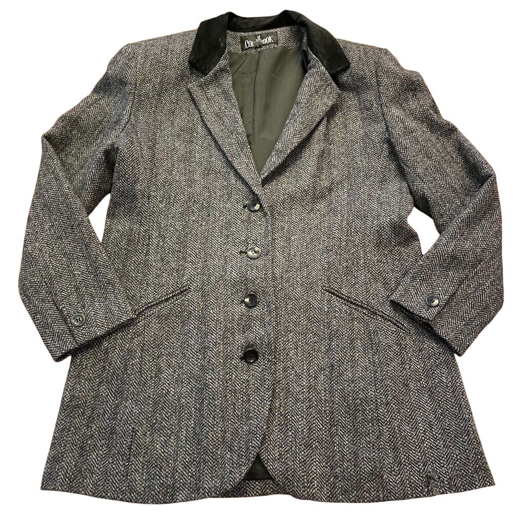 JL Colebrook Black Herringbone Wool Tweed Blazer L 90s Velvet Collar